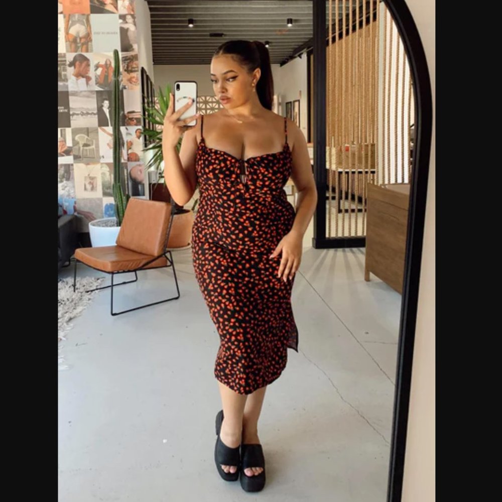 Princess Polly Curve Noda Black & Red Floral Midi Dress Plus Size 16